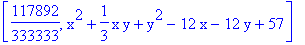 [117892/333333, x^2+1/3*x*y+y^2-12*x-12*y+57]